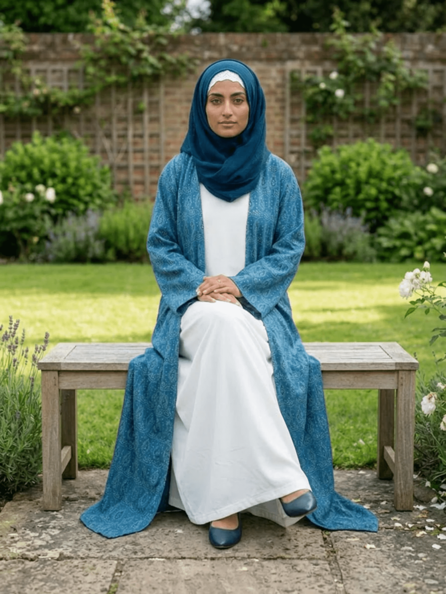 Printed Open Abaya - Sea Blue - Fasilah