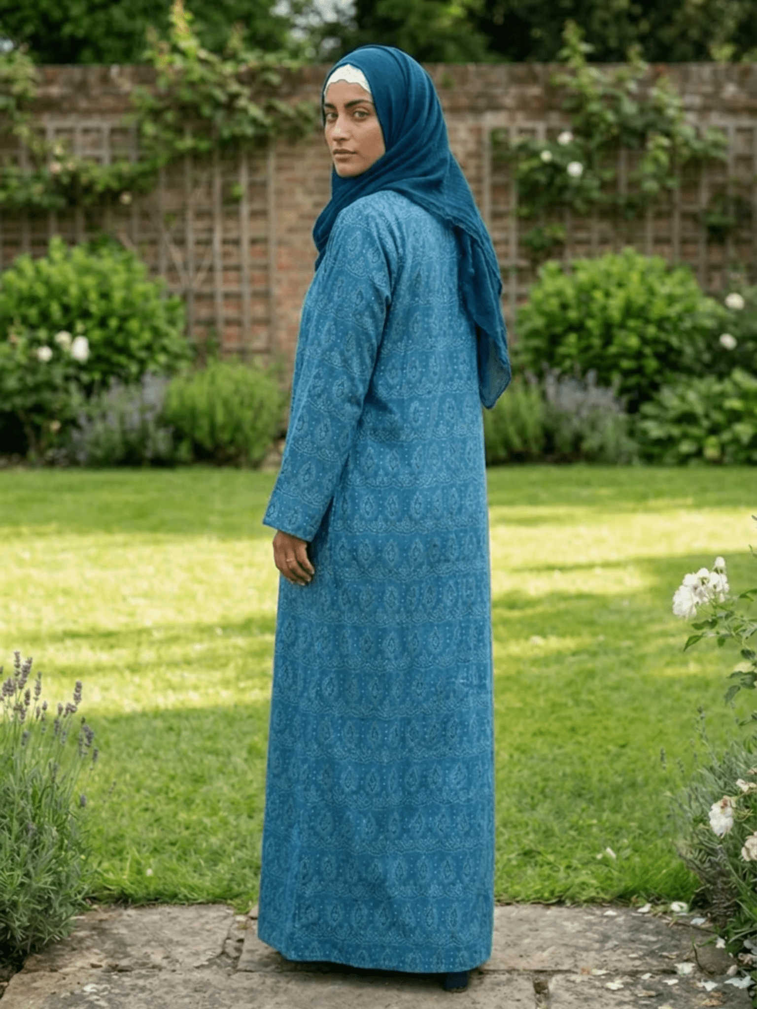 Printed Open Abaya - Sea Blue - Fasilah