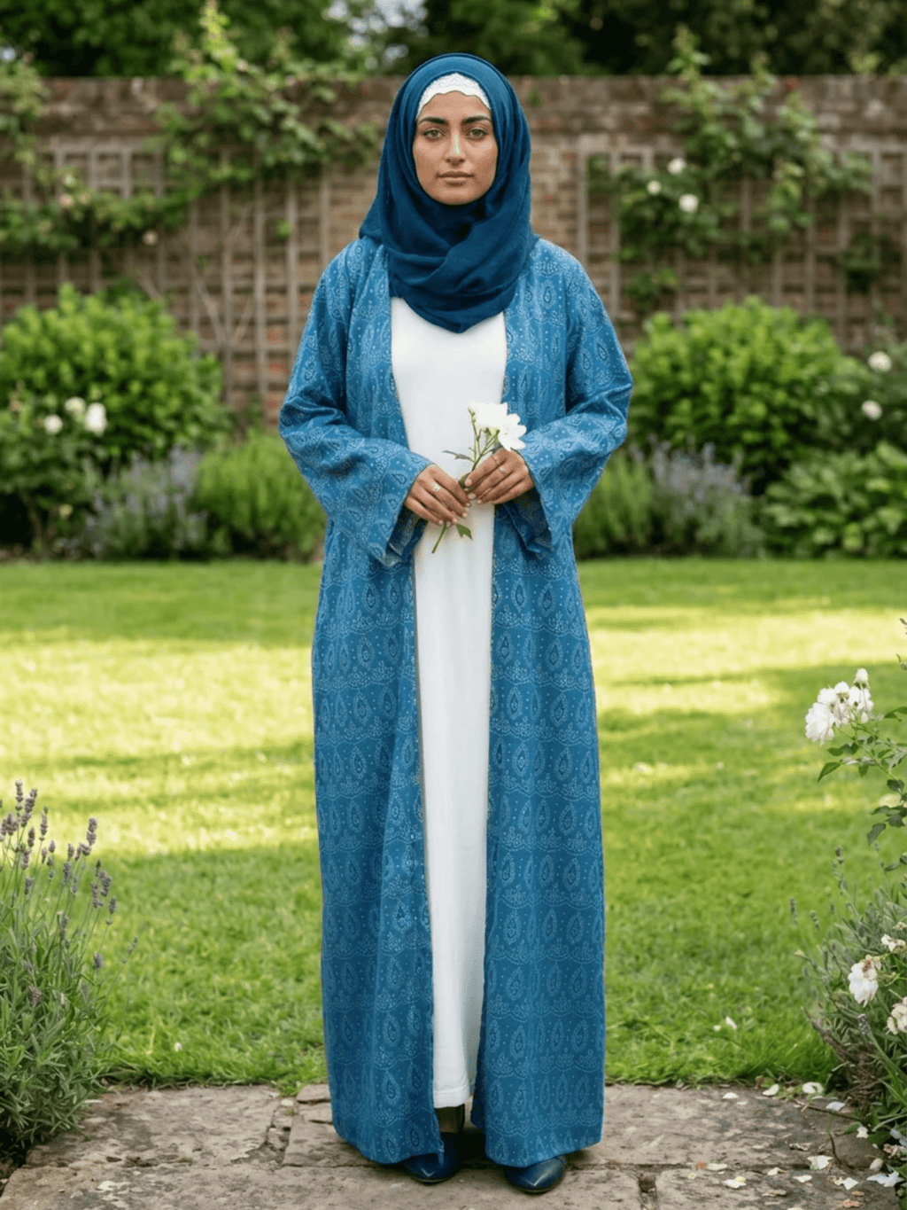 Printed Open Abaya - Sea Blue - Fasilah
