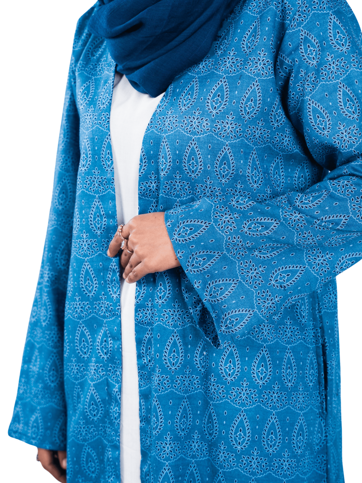 Printed Open Abaya - Sea Blue - Fasilah