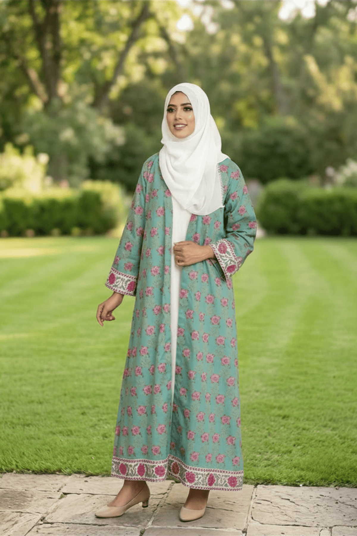 Printed Open Abaya -Teal - Fasilah