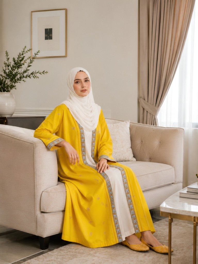 Printed Open Abaya - Yellow - Fasilah