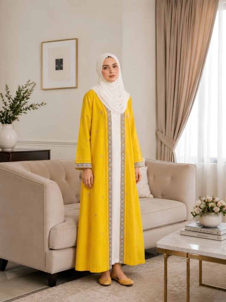 Printed Open Abaya - Yellow - Fasilah