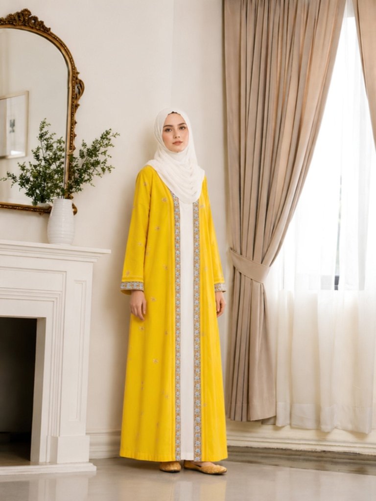 Printed Open Abaya - Yellow - Fasilah