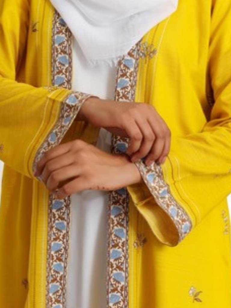 Printed Open Abaya - Yellow - Fasilah