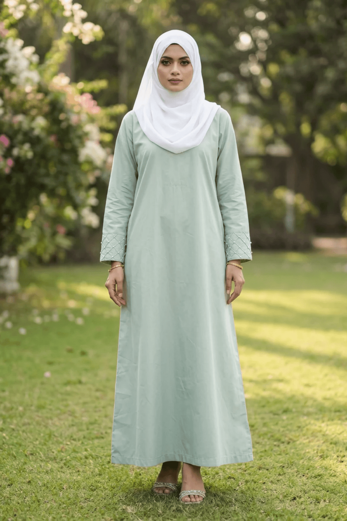 Signature Cotton Abaya – Almond Green (Hand-Embroidered) - Fasilah