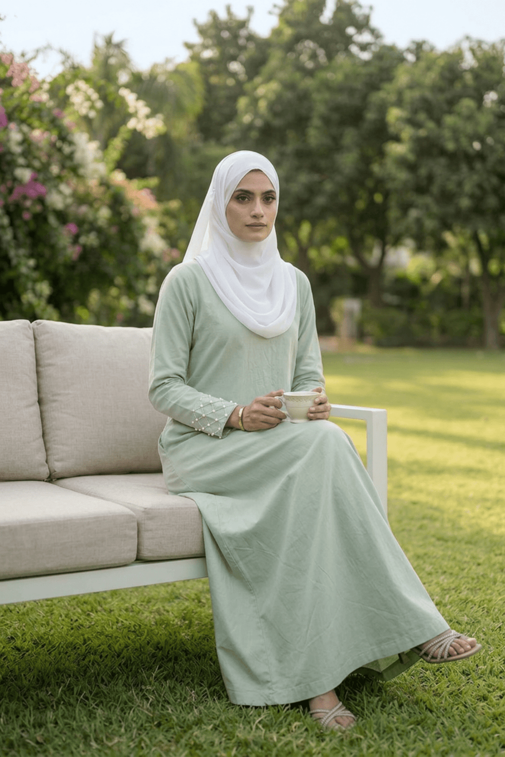 Signature Cotton Abaya – Almond Green (Hand-Embroidered) - Fasilah