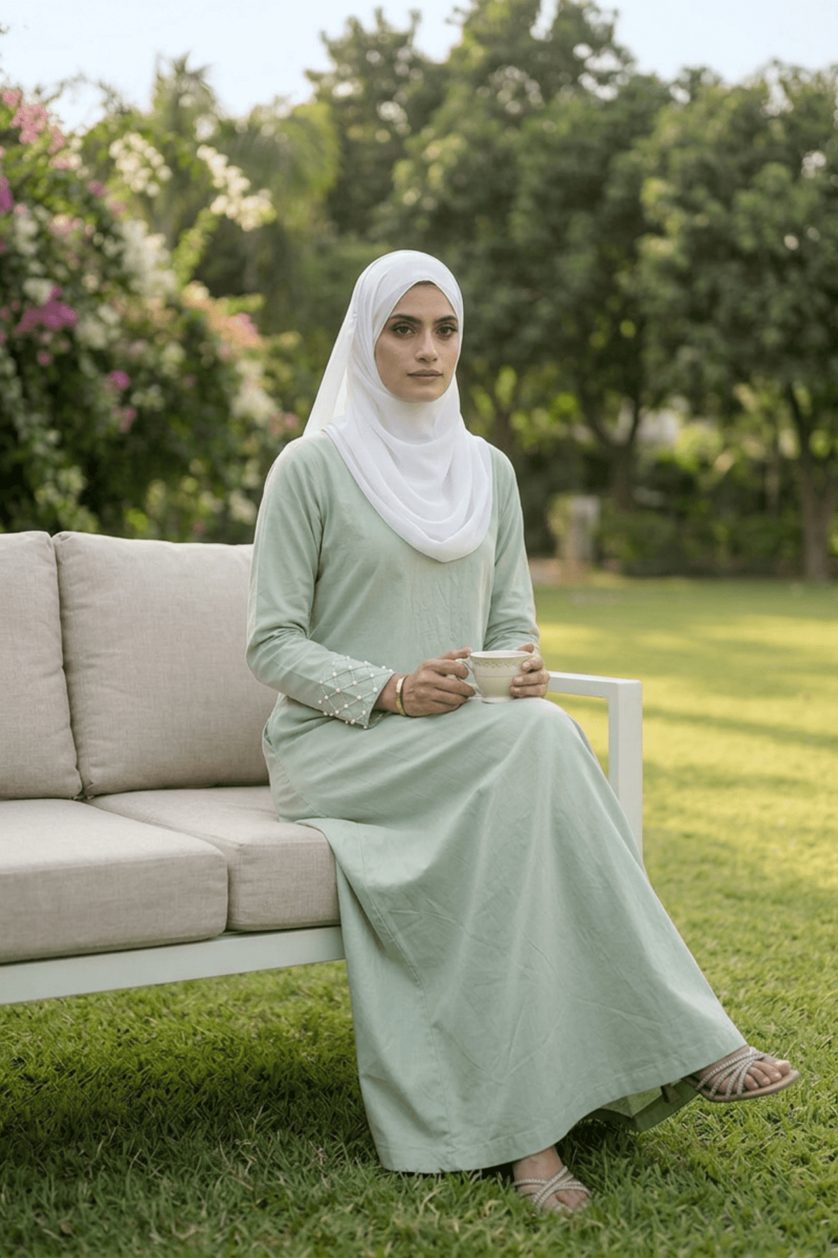 Signature Cotton Abaya – Almond Green (Hand-Embroidered) - Fasilah