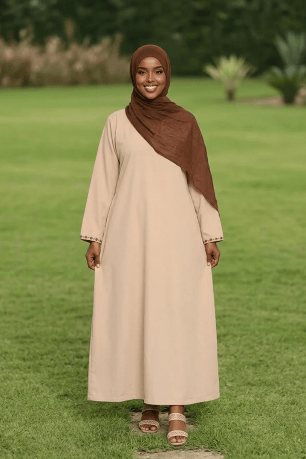 Signature Cotton Abaya – Oat (Hand Embroidered) - Fasilah