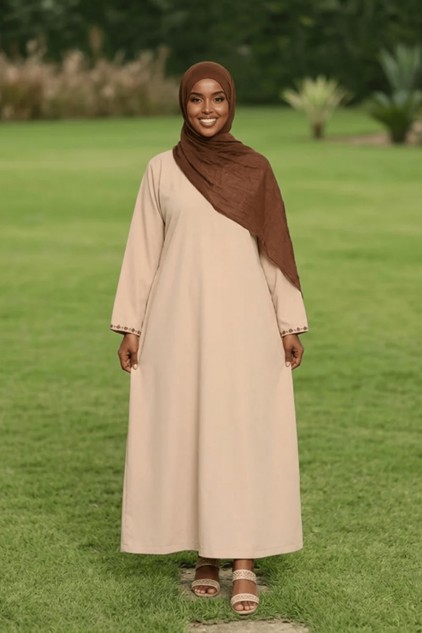 Signature Cotton Abaya – Oat (Hand Embroidered) - Fasilah