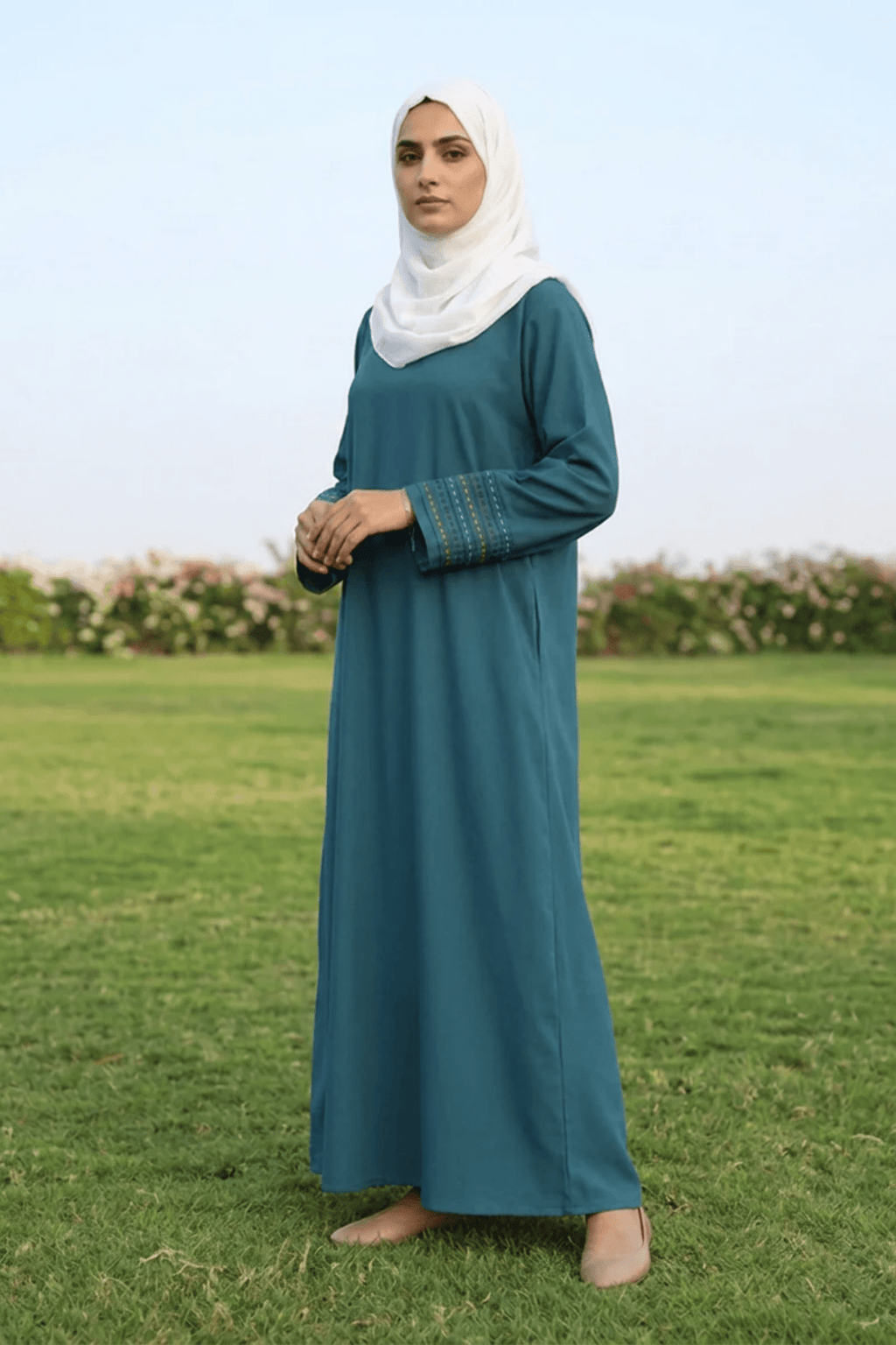 Signature Cotton Abaya – Petrol (Hand-Embroidered) - Fasilah