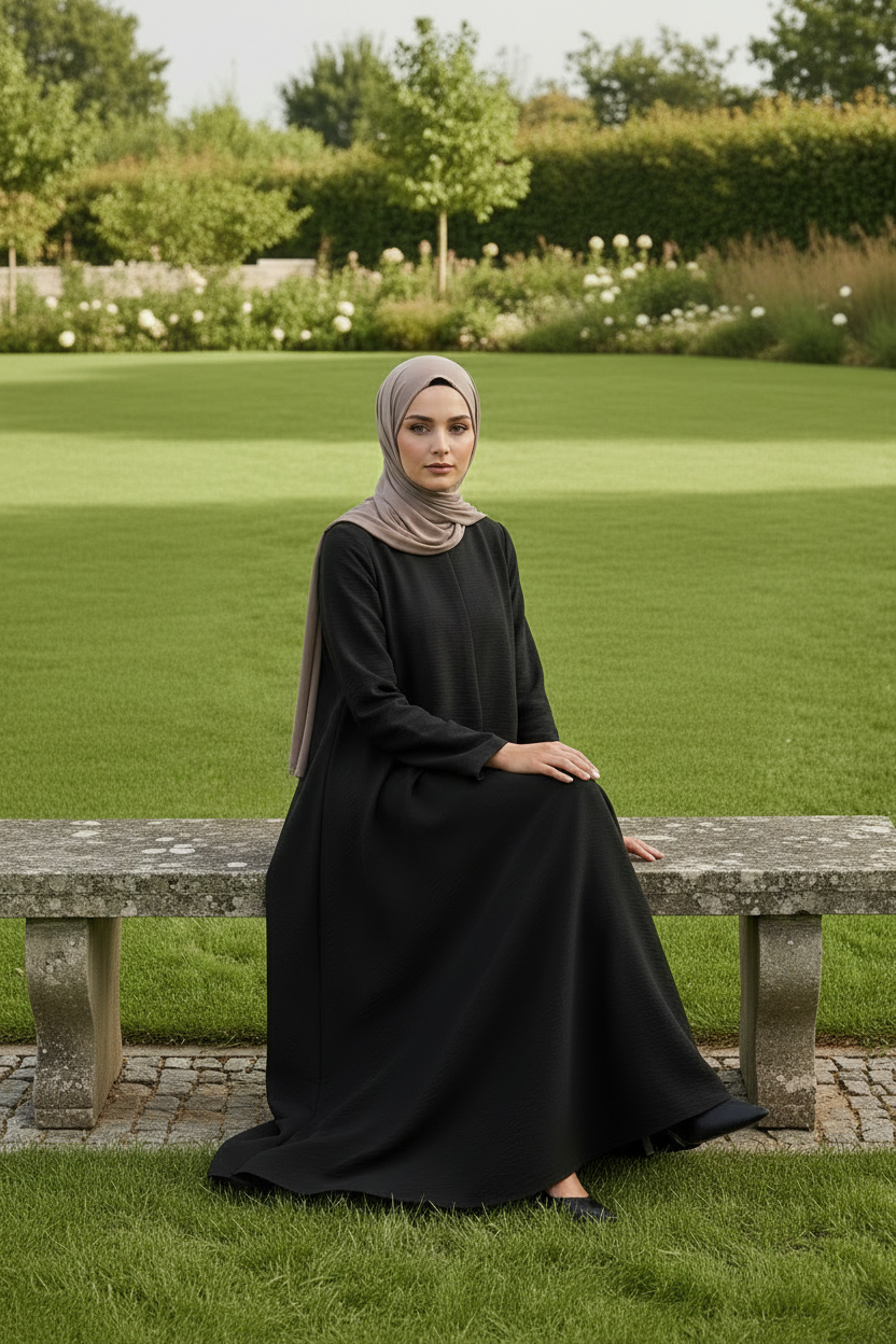 Textured Black Abaya - Sitting Angle